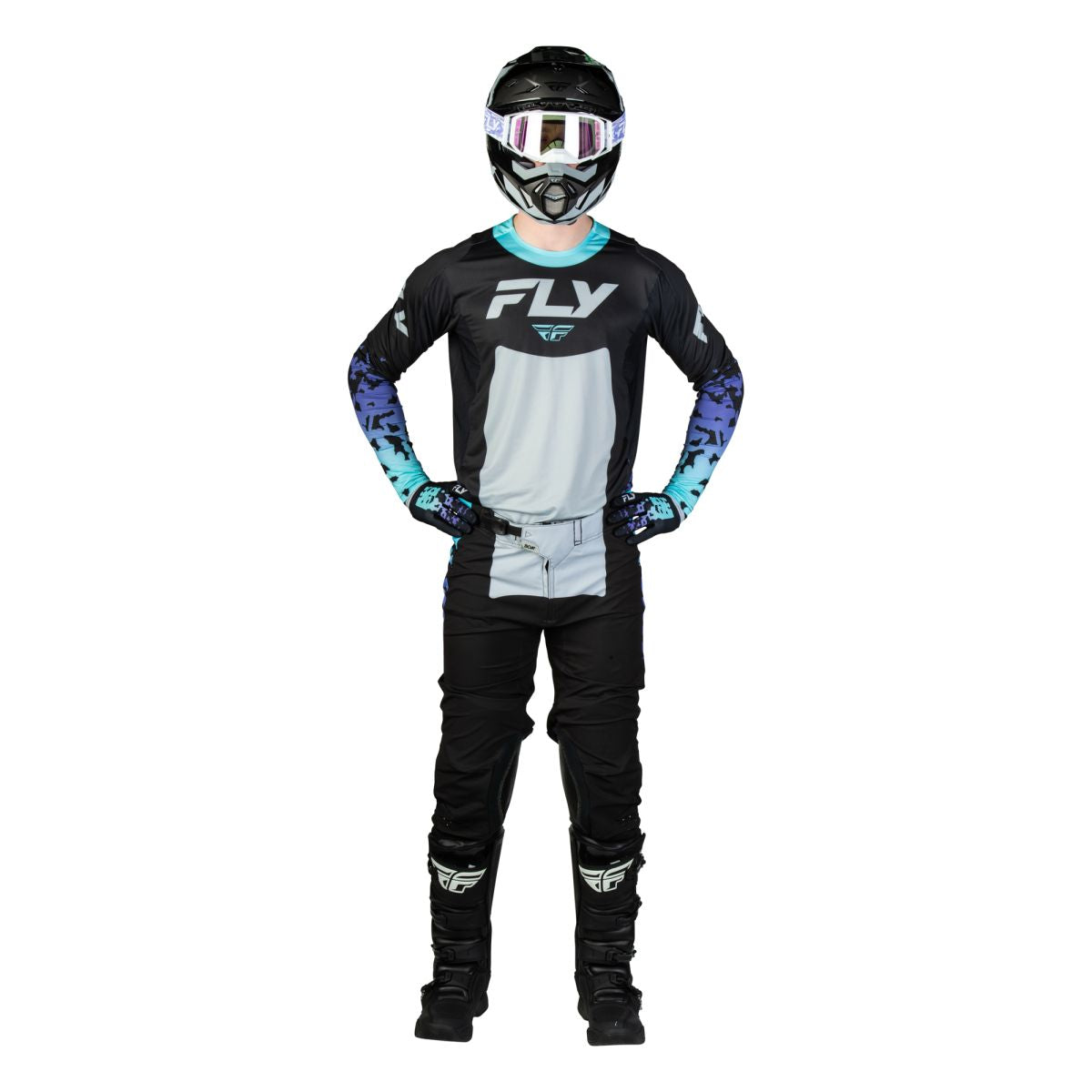 Tenue cross Fly Racing Lite Flake 2027 Noir Gris Multicolore portée - maillot et pantalon