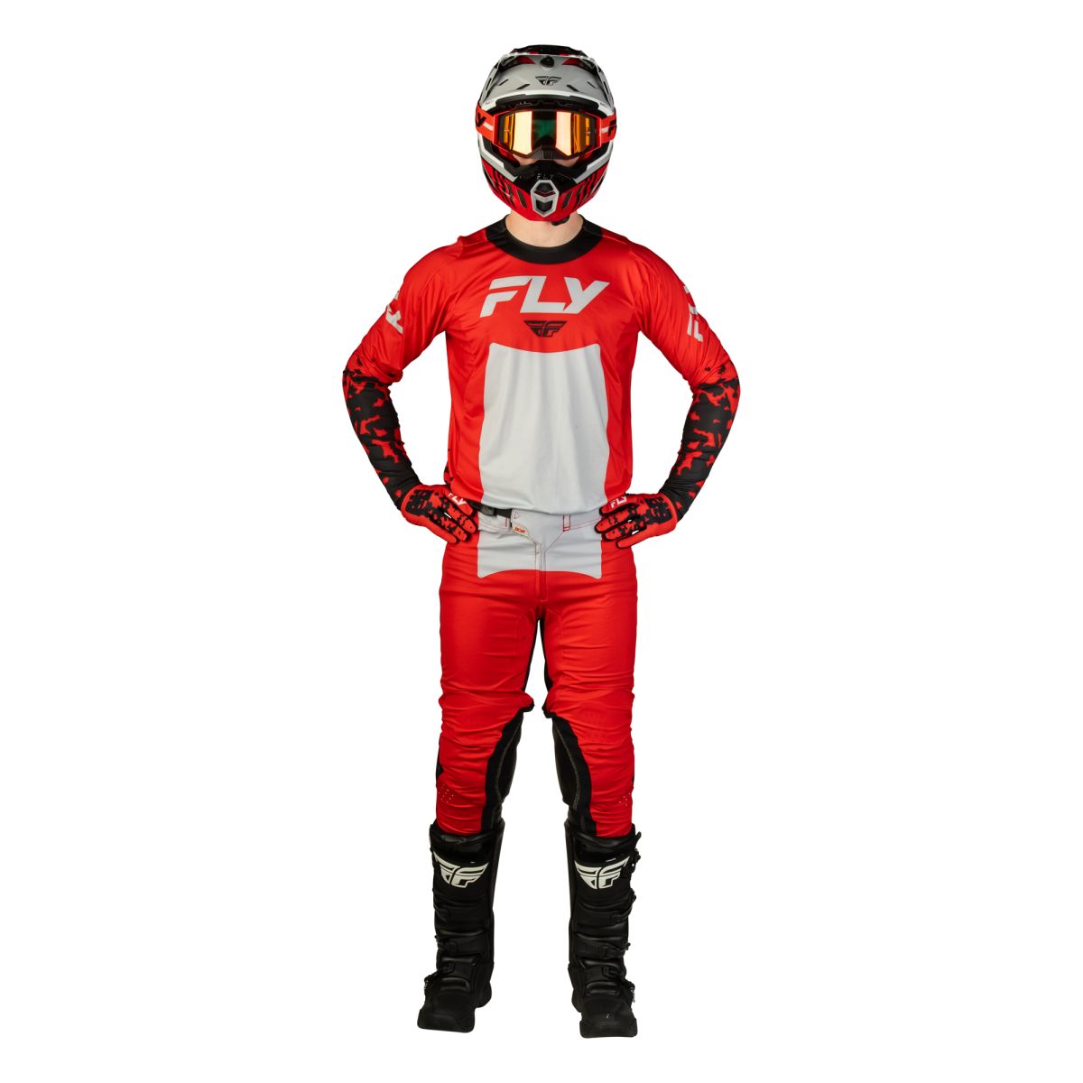 Tenue cross Fly Racing Lite Flake 2027 Rouge Gris Noir portée - maillot et pantalon