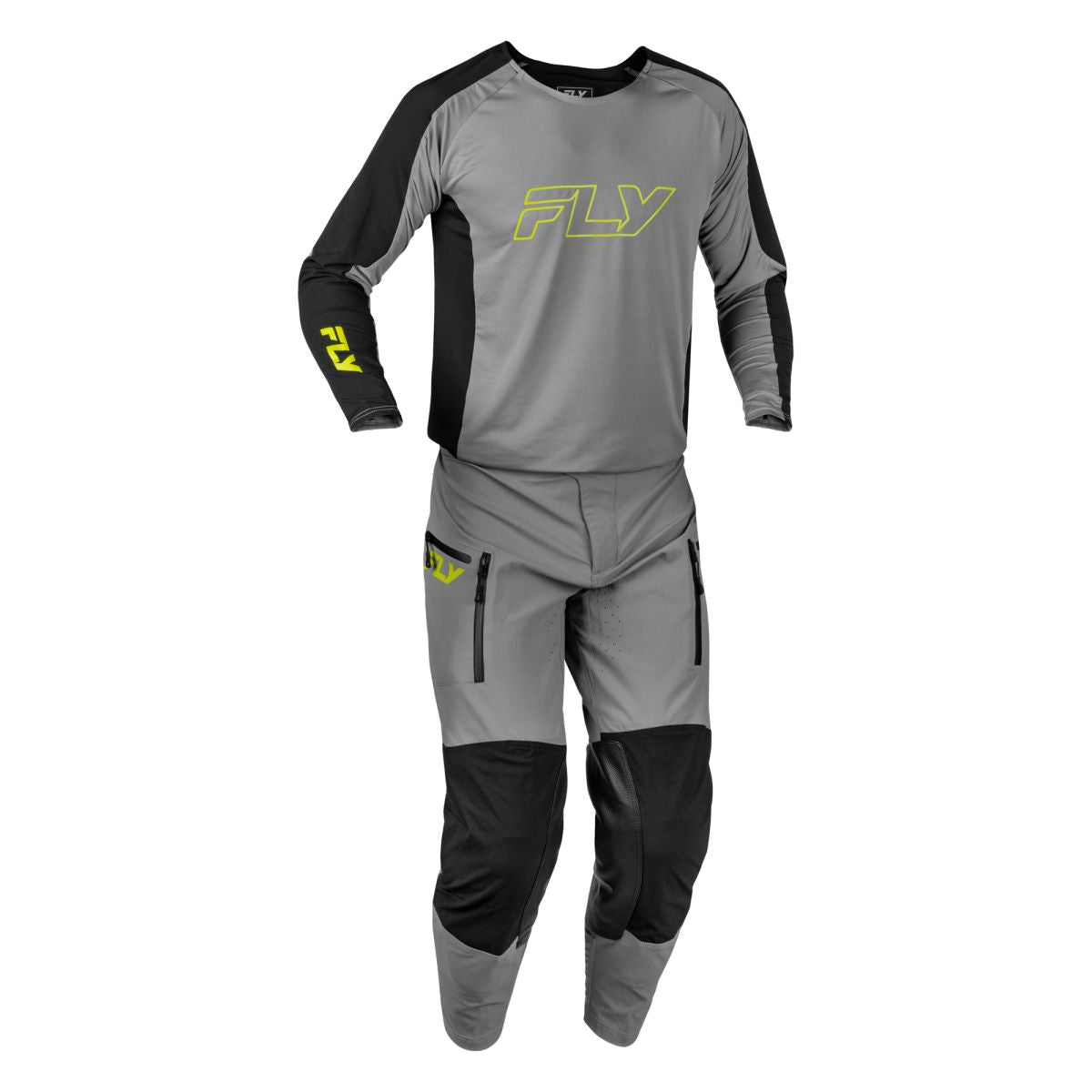 Tenue enduro Fly Racing Patrol Elite 2027 Gris Noir Jaune fluo portée - maillot et pantalon