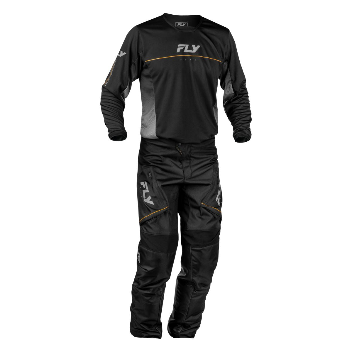 Tenue enduro Fly Racing Patrol Over-Boot 2027 Noir Gris portée - maillot et pantalon