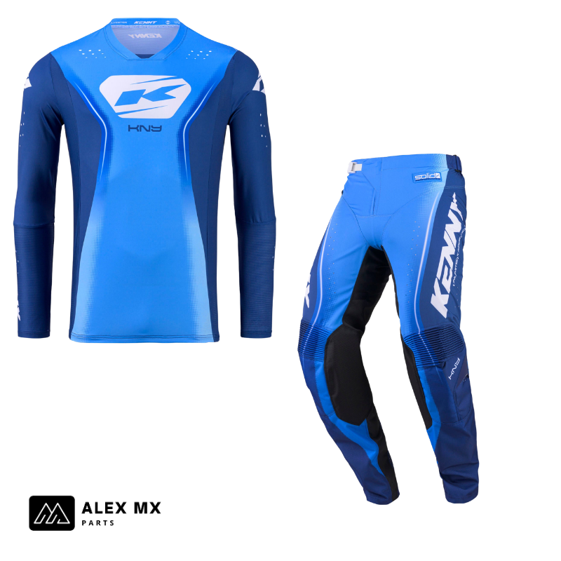 Tenue complète motocross Kenny Performance 2027 bleue, maillot et pantalon enduro assortis