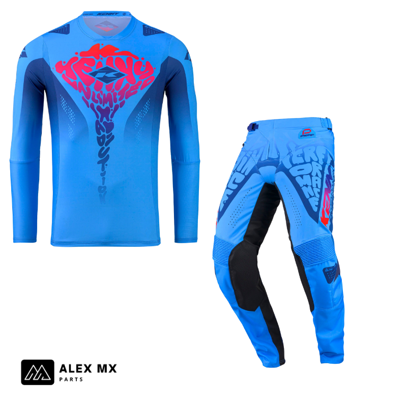 Tenue motocross Kenny Performance 2027 Comics Blue : maillot et pantalon cross enduro bleu